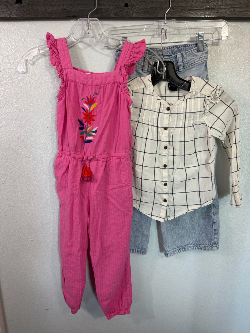 Boden Pink Embroidered Girls Jumpsuit with Tassel and Jeans and Shirt set